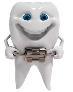 White happy tooth with bracket isolated. 3d illustration.