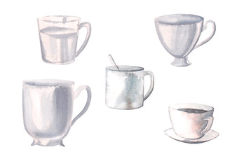 Watercolor set with different cups in black and white on a white background. Children's illustration in cartoon style for textile, packaging design, printing
