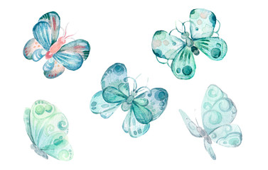 Watercolor set with different butterflies on a white background. Children's illustration in cartoon style for textile, packaging design, printing