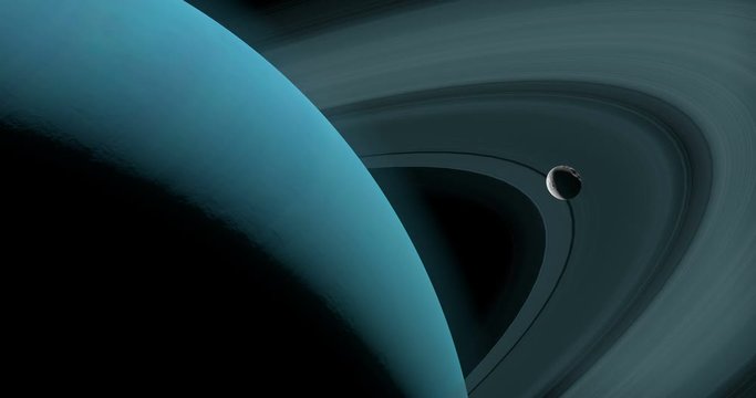 Satellite Puck, uranian moon, orbiting around Uranus planet in the outer space