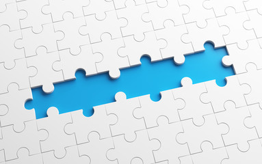 Missing jigsaw puzzle pieces in unfinished work, strategy and solution business concept. White pattern texture background. 3d illustration