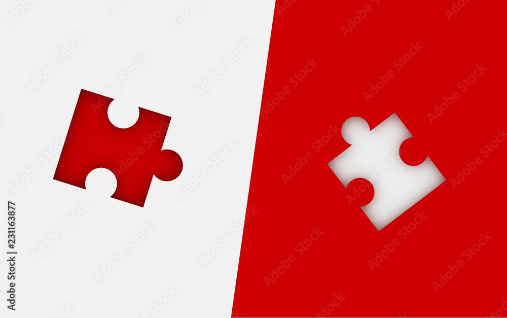 Poster missing jigsaw puzzle pieces in unfinished work, strategy and solution business concept. white and r