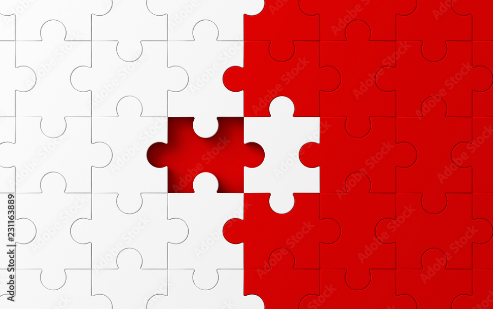 Poster missing jigsaw puzzle pieces in unfinished work, strategy and solution business concept. white and r