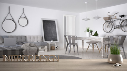 Wooden table, desk or shelf with potted grass plant, house keys and 3D letters making the words interior design, over blurred living room, project concept copy space background