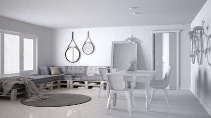 Unfinished project draft, scandinavian minimalistic living room with DIY pallet sofa and vintage dining table, contemporary architecture interior design