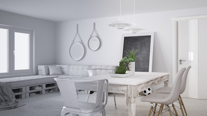 Unfinished project draft, scandinavian minimalistic living room with DIY pallet sofa and vintage dining table, contemporary architecture interior design
