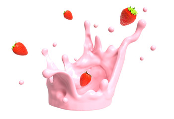 Obraz na płótnie Canvas Strawberries and yogurt splash isolated on white. 3d illustration.