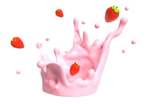 Strawberries and yogurt splash isolated on white. 3d illustration.