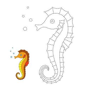 drawing worksheet for preschool kids with easy gaming level of difficulty. Simple educational game for kids. Illustration of seahorse for toddlers
