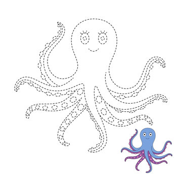 drawing worksheet for preschool kids with easy gaming level of difficulty. Simple educational game for kids. Illustration of octopus for toddlers