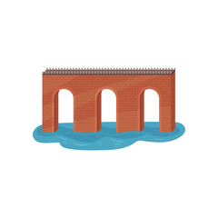 Old brick arch bridge. Construction for transportation. Architecture theme. Flat vector element for mobile game