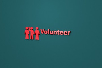 Text Volunteer with red 3D illustration and blue background