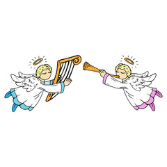 Angel icon. Vector illustration of a cute angels with lyre and harp. Hand drawn little angel.