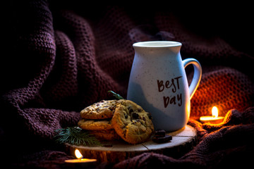 Best day coffee cup with homemade cookies. Lifestyle mood. Comfort feeling. States of mind.