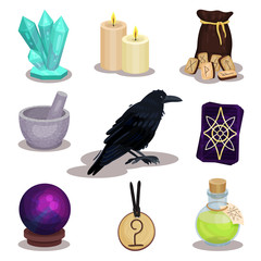 Flat vector set of icons related to divination theme. Mystical items. Magic sphere candles, wooden runes, raven, tarot cards