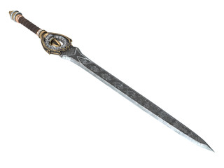 Fantasy long sword with patterns and leather on the handle on an isolated white background. 3d illustration