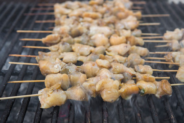 Rapan meat on the grill. Delicious festive barbecue. Food and holiday concept. Cooking BBQ seafood on fire.