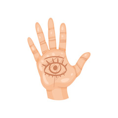 All-seeing eye on the palm. Open human hand with spiritual symbol. Divination theme. Flat vector design