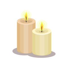 Two big candles with burning flame. Item for magic ritual. Divination theme. Flat vector illustration