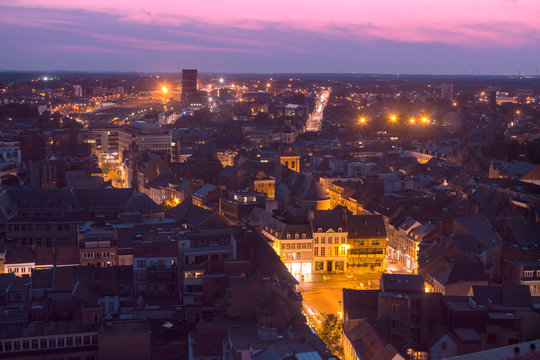 Aerial panorama of Hasselt at night