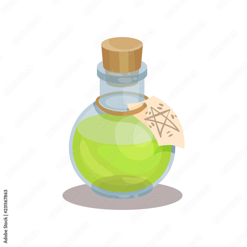 Poster glass bottle with magic elixir and label with mysterious symbol. green potion. item for mobile game.