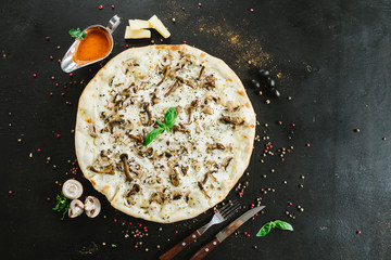 Vegetarian mushroom pizza on black background