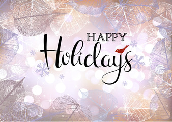 Festive winter background of bokeh lights with frame of hoarfrost leaves