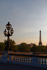 Fototapeta na wymiar Paris, France - August 3, 2018: Alexandre 3 bridge and Eiffel Tower at Sunset in Paris
