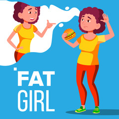Fat Girl Eating A Hamburger And Dreaming To Be Fitness Vector. Isolated Illustration