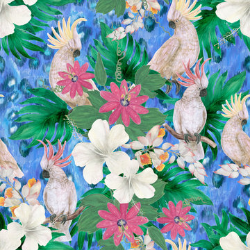 Watercolor painting seamless pattern with white cockatoo birds and ginger, hibiscus tropical flowers, leaves