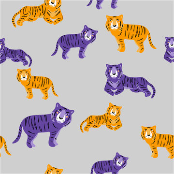 vector lion tiger animals yellow violet seamless pattern on grey