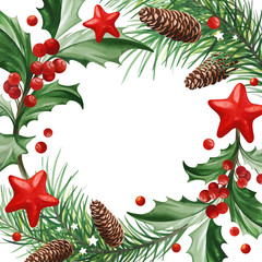 Frame with Christmas decoration - Holly leaves, Christmas tree with cones and stars on white background.