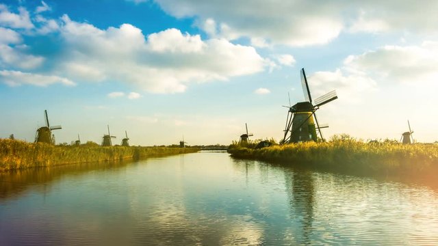 Canal with Dutch windmills, Netherlands. 4k