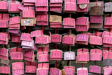 Japanese prayers on pink boards