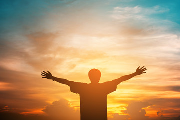 Obraz premium Human hands open palm up worship. Eucharist Therapy Bless God Helping Repent Catholic Easter Lent Mind Pray. Christian Religion concept background. fighting and victory for god