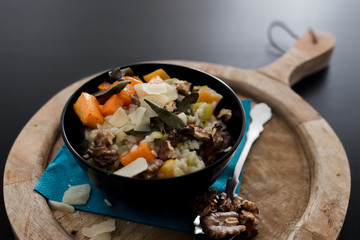 Vegetarian bowl with rice, pumpkin and vegetables