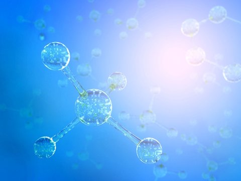 Science blue background with molecules, 3D render - high bio technologies.