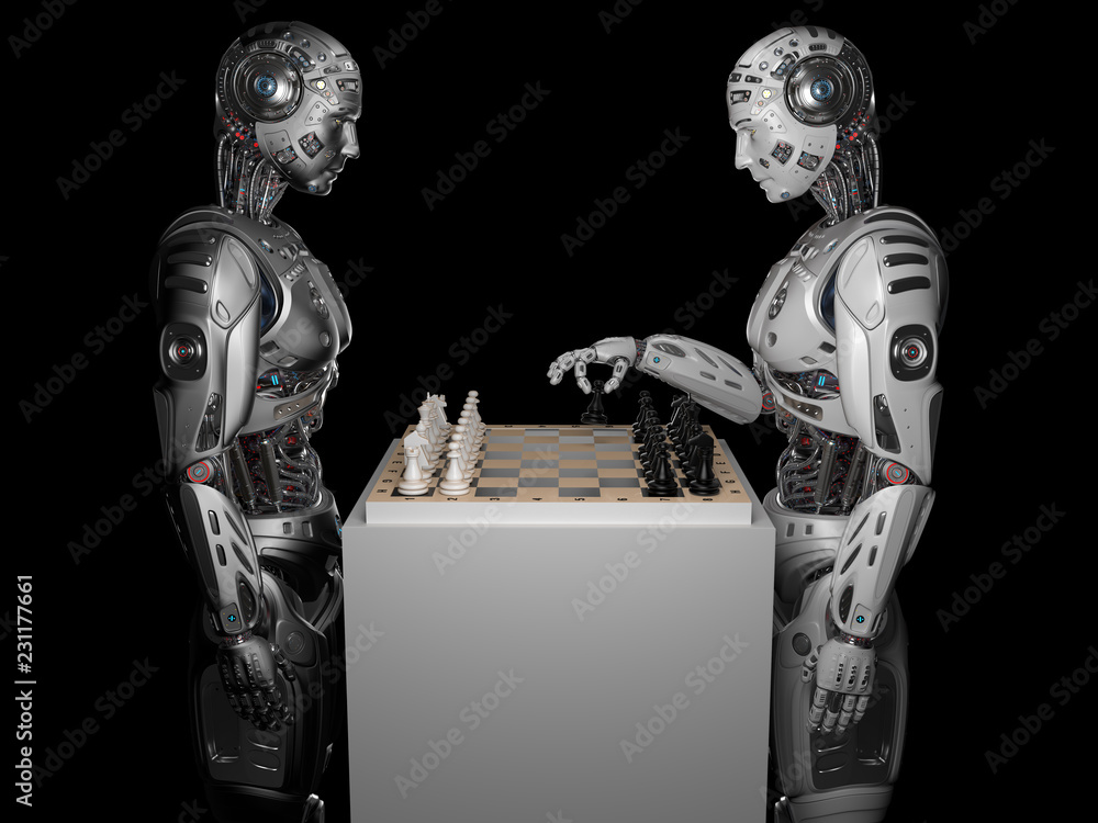 Poster two robots or cyborgs playing chess. isolated on black background. 3d render.