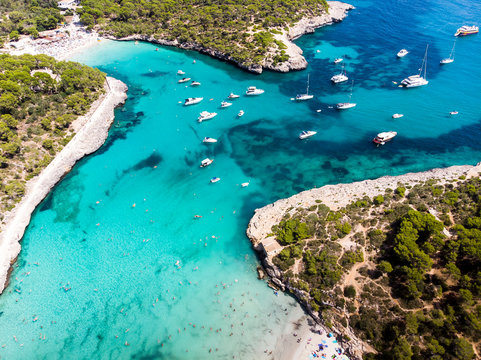Spain, Balearic Islands, Mallorca, Aerial view of Cala Mondrago and Playa Mondrago, Mandrago Nature Park