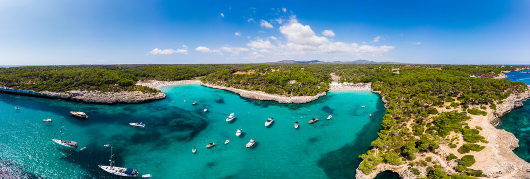 Spain, Balearic Islands, Mallorca, Aerial view of Cala Mondrago and Playa Mondrago, Mandrago Nature Park