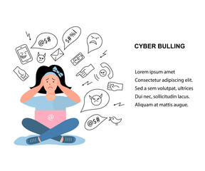 Obraz premium Vector illustration, sad teenage girl. Cyberbullying, trolling concept. Social network media community technology problems. Flat and line style.