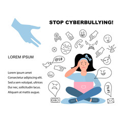 Vector illustration, help teenager to solve problems with cyberbyllying. Cyberbullying, trolling concept. Social network media community technology problems. Flat and line style.