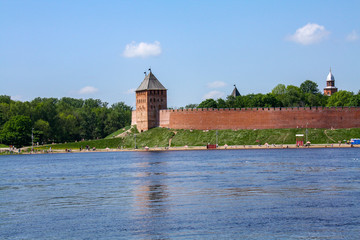 Fototapeta premium Veliky Novgorod. The river Volkhov, St. Sofia embankment, the walls of the Novgorod Kremlin and the Palace Tower