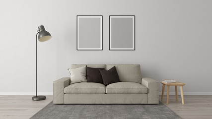 Living room corner with gray wall, sofa, carpet, floor lamp, wood floor, two vertical stamps