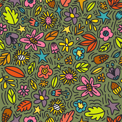 Fototapeta na wymiar Seamless floral pattern with doodle flowers and leaves in autumn natural colors. Vector illustration. Trendy flowers for girly print. Hand drawn design.