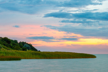 The sunset landscape with seashore thickets of the reed. Taganrog bay, Azov sea, Russia