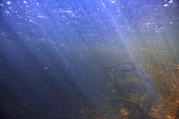 underwater mountain clear river / underwater photo in a freshwater river, fast current, air bubbles by water, underwater ecosystem landscape