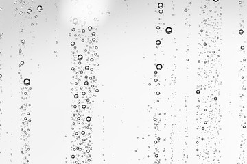 white isolated background water drops on the glass / wet window glass with splashes and drops of water and lime, texture autumn background