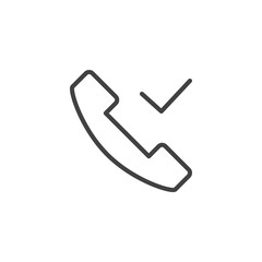 Phone call check mark outline icon. linear style sign for mobile concept and web design. Telephone handset received simple line vector icon. Symbol, logo illustration. Pixel perfect vector graphics
