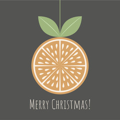 Christmas greeting card with citrus slice and Merry Christmas phrase on dark background.Retro style.Organic concept.  Perfect for cards, banners and other design projects.Vector.EPS 10